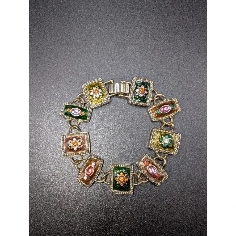 Gold Tone Enamel Rhinestone Panel Link Bracelet Floral Multicolor Statement